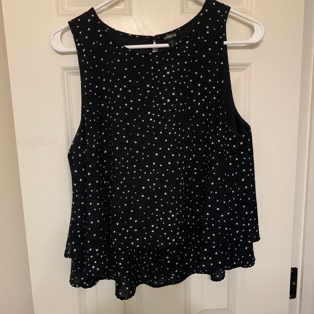 Seventeen black and white polka dot, ruffle top